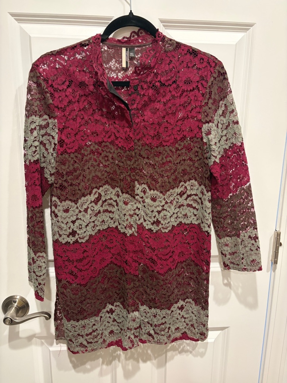 Topshop Burgundy and Olive Lace Long-Sleeve Blouse
